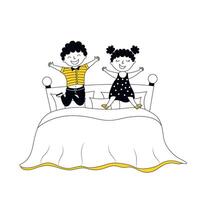 Children jumping on bed cartoon vector illustration