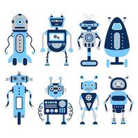 Set of 8 colorful robots in flat style on a white background. vector