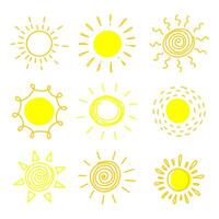 Big set of hand drawn suns on a white background. vector