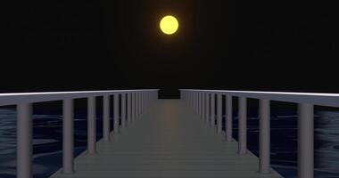 3D animation video of bridge and water at night with yellow full moon, moving forward animation, 3d render