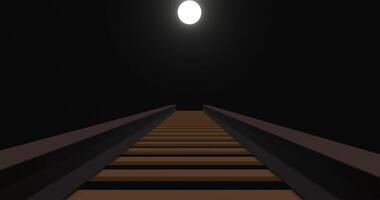 3D animation video of railroad at night with full moon, moving forward animation, 3d render