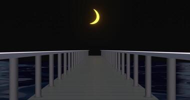 3D animation video of bridge and water at night with yellow crescent moon, 3d render, moving forward animation