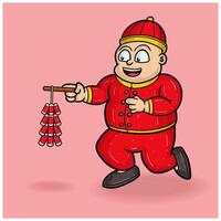 Mascot Character of Chinese Fat People With Firework For New Year. vector