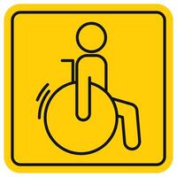 Person in a wheelchair, outline sign on yellow background. Man with a disability, line icon. Editable stroke. Accessibility pictogram for disabled people. Vector symbol, minimalist flat style