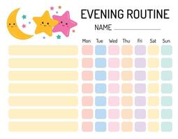 Evening checklist for kids. Evening routine tracker for children. Daily regime. My chore chart. My tasks and responsibilities. Daily routine tracker for children. Daily regime. vector