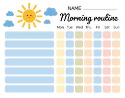 Morning checklist for kids, discipline, motivation. Morning routine chore for kids. My tasks and responsibilities. Daily routine tracker for children. Daily regime. My chore chart. vector