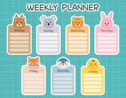 Weekly planner for kids with cute little animals memo pads. Printable school timetable. Kids schedule design template. Cute planner for kids. To do list, daily note pads in cartoon style for children. vector