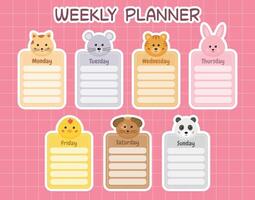 School timetable, printable weekly planner with animals note pads, memo pads and days for kids. Kids schedule design template. Kids routine planner, daily regime, chore chart for children. To do list. vector
