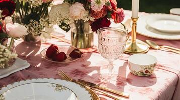 AI generated Wedding and event celebration tablescape with flowers, formal dinner table setting with roses and wine, elegant floral table decor for dinner party and holiday decoration, home styling photo