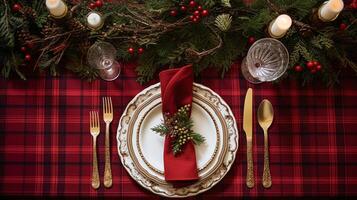 AI generated Christmas table decor, holiday tablescape and dinner table setting, formal event decoration for New Year, family celebration, English country and home styling photo