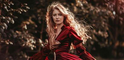 ai generado mujer en rojo terciopelo vestido, otoñal Mira en otoño bosque, nupcial belleza estilo, Boda Moda Campaña y glamour peinado foto