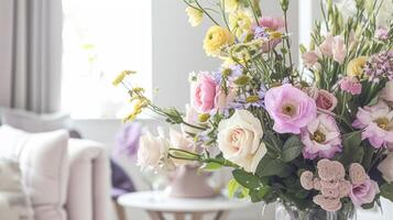 AI generated Spring flowers in vintage vase, beautiful floral arrangement, home decor, wedding and florist design photo