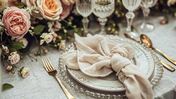 AI generated Garden party tablescape, elegance with floral table decor photo