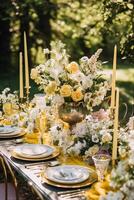 AI generated Holiday tablescape, golden formal dinner table setting, table scape with gold decoration for wedding party and event celebration, generative ai photo