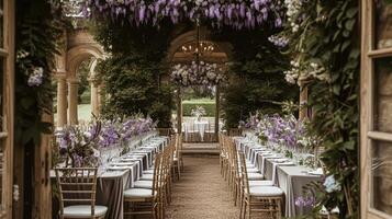 AI generated Wedding decor with lavender theme, floral decoration design and beautiful decor setting arrangement photo