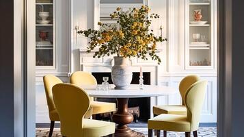 AI generated Modern cottage dining room decor, interior design and country house furniture, home decor, table and yellow chairs, English countryside style photo