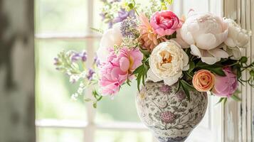 AI generated Spring flowers in vintage vase, beautiful floral arrangement, home decor, wedding and florist design photo