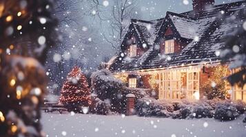 ai generado Navidad en el campo señorío, Inglés país casa mansión decorado para Días festivos en un Nevado invierno noche con nieve y fiesta luces, alegre Navidad y contento Días festivos foto