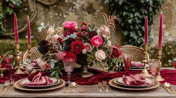 AI generated Valentines day tablescape and table decor, romantic table setting with flowers, formal dinner and date, beautiful cutlery and tableware photo