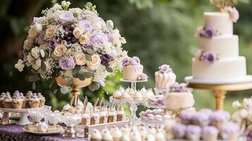 ai generado Boda decoración con lavanda tema, floral decoración diseño y hermosa decoración ajuste arreglo foto