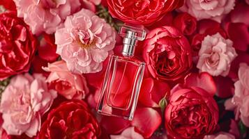 ai generado perfume botella en flores, fragancia en floreciente fondo, floral olor y cosmético producto foto
