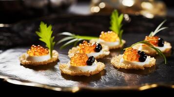 AI generated Food, hospitality and room service, starter appetisers with caviar as exquisite cuisine in hotel restaurant a la carte menu, culinary art and fine dining photo