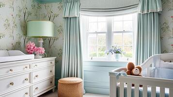 ai generado bebé habitación decoración y interior diseño inspiración en el Inglés campo estilo cabaña foto
