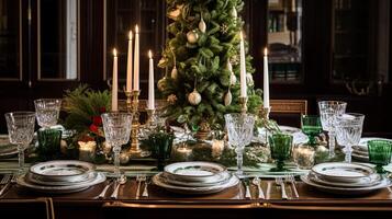 ai generado Navidad a el señorío, fiesta paisaje de mesa y cena mesa configuración, Inglés campo decoración y interior decoración foto
