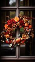 AI generated Autumn wreath decoration, autumn holiday season in the English countryside style, botanical autumnal decor photo