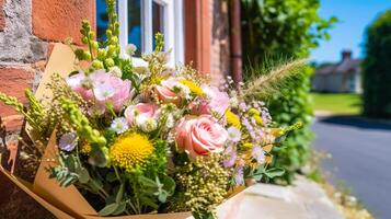 ai generado flor tienda entrega y fiesta regalo postal servicio, hermosa ramo de flores de flores en un casa peldaño en el campo, generativo ai foto