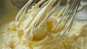 AI generated Whisk in bowl with creamy yellow batter, butter or custard, homemade baking and traditional food, country life photo