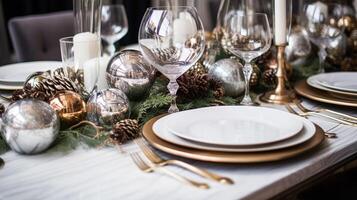 AI generated Holiday table decor, Christmas holidays celebration, tablescape and dinner table setting, English country decoration and home styling photo