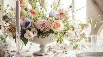 ai generado primavera flores en Clásico florero, hermosa floral acuerdo, hogar decoración, Boda y florista diseño foto