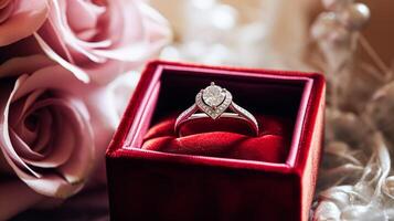 ai generado joyería, propuesta y fiesta regalo, Clásico diamante compromiso anillo en rojo terciopelo caja, símbolo de amar, romance y compromiso foto