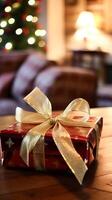 AI generated Christmas gift box near cosy fireplace in the English country cottage, winter holidays, boxing day celebration and holiday shopping photo