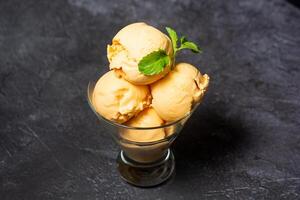 Mango Ice Cream served in cup isolated on grey background top view of indian and bangladesh food photo