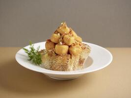 Crispy-fried Tofu with Salt and Pepper served in a dish isolated on mat side view on grey background photo