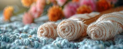 AI generated Crochet hooks and yarn creating a delicate lace pattern, close up, pastel colors photo