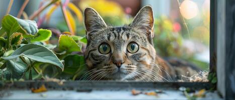 AI generated Indoor cat safely explores secure outdoor enclosure, curious and safe, enjoying new surroundings. photo