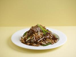 wok-fried Hor Fun with sliced beef served in a dish isolated on wooden board side view on grey background photo