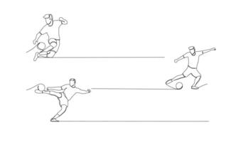 Continuous line drawing of football player jump and fly to kicking ball. Single one line art of young man playing soccer ball vector