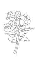 uno línea dibujo. jardín Rosa con hojas. mano dibujado bosquejo. vector