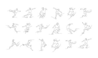 Continuous line drawing of football player jump and fly to kicking ball. Single one line art of young man playing soccer ball vector