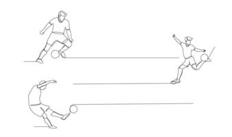 Continuous line drawing of football player jump and fly to kicking ball. Single one line art of young man playing soccer ball vector