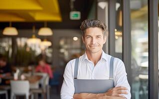 AI generated Small Business Owner Smiling at Entrance photo