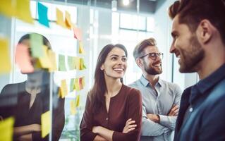 AI generated Workplace Strategy Session Smiling Colleagues Using Sticky Notes photo