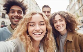 ai generado urbano amistad multirracial amigos en calle foto