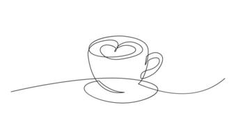 taza continuo línea Arte. café o té taza uno línea dibujo. caliente bebida con vapor vector