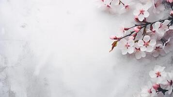 AI generated Spring blooming tree branch on white marble background with copy space for text. photo