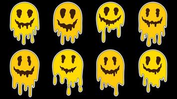 Melting smiles sticker set. Cute cartoon melted yellow smiling face avatars with outline. Funny faces in trippy acid rave style. vector